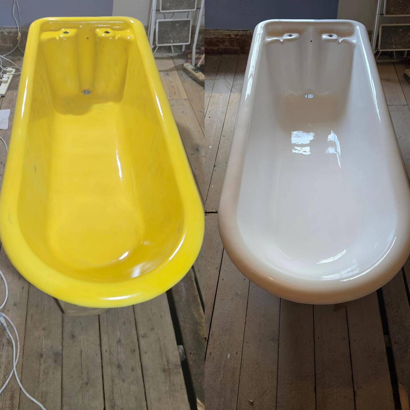 OldBEFORE AND AFTER PHOTOS OF A CAST IRON ROLL TOP BATH RE-ENAMELLED IN Kingswinford, Dudley