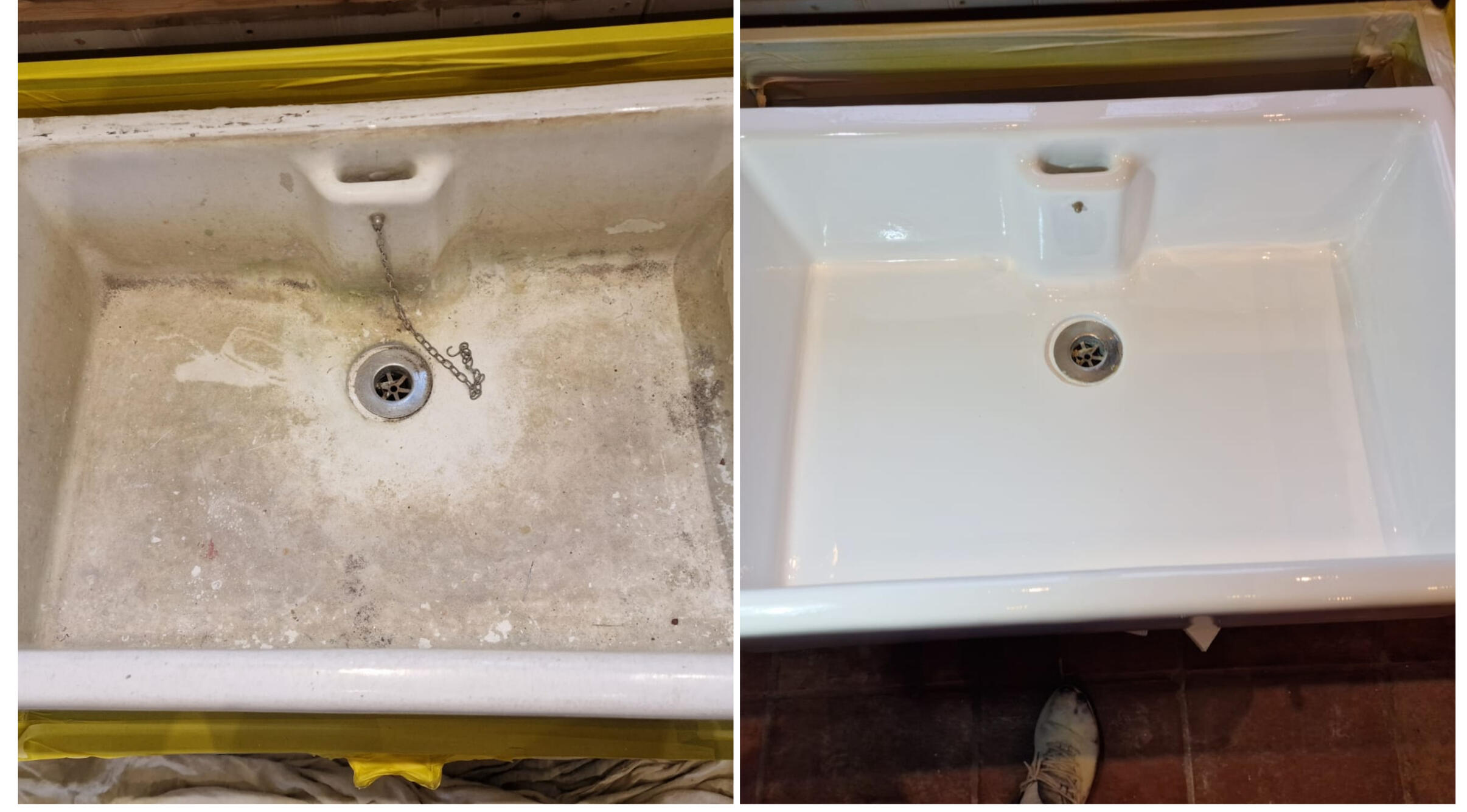BEFORE AND AFTER PHOTOS OF A KITCHEN CERAMIC BELFAST SINK, WAS DAMAGED AND FULL OF CHIPS, FULLY RESORED TO A LIKE NEW FINISH IN Dudley