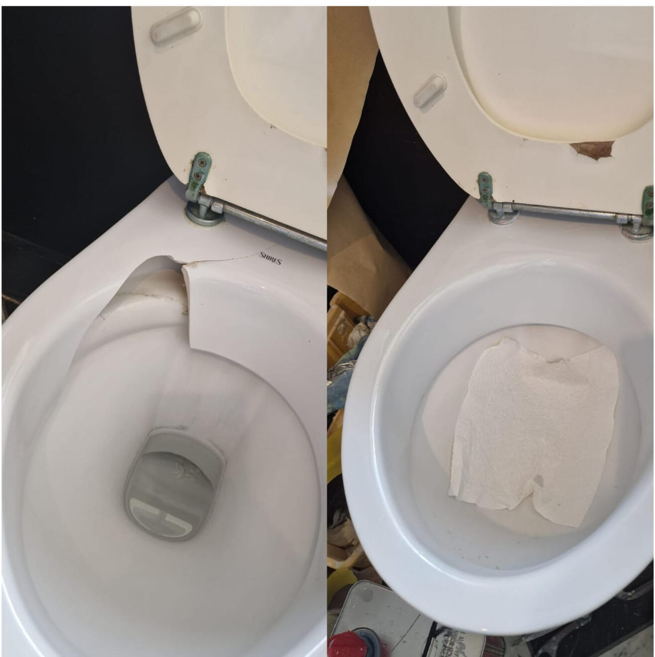 before and after pictures of a ceramic toilet crack repair in a pub in the center of Dudley