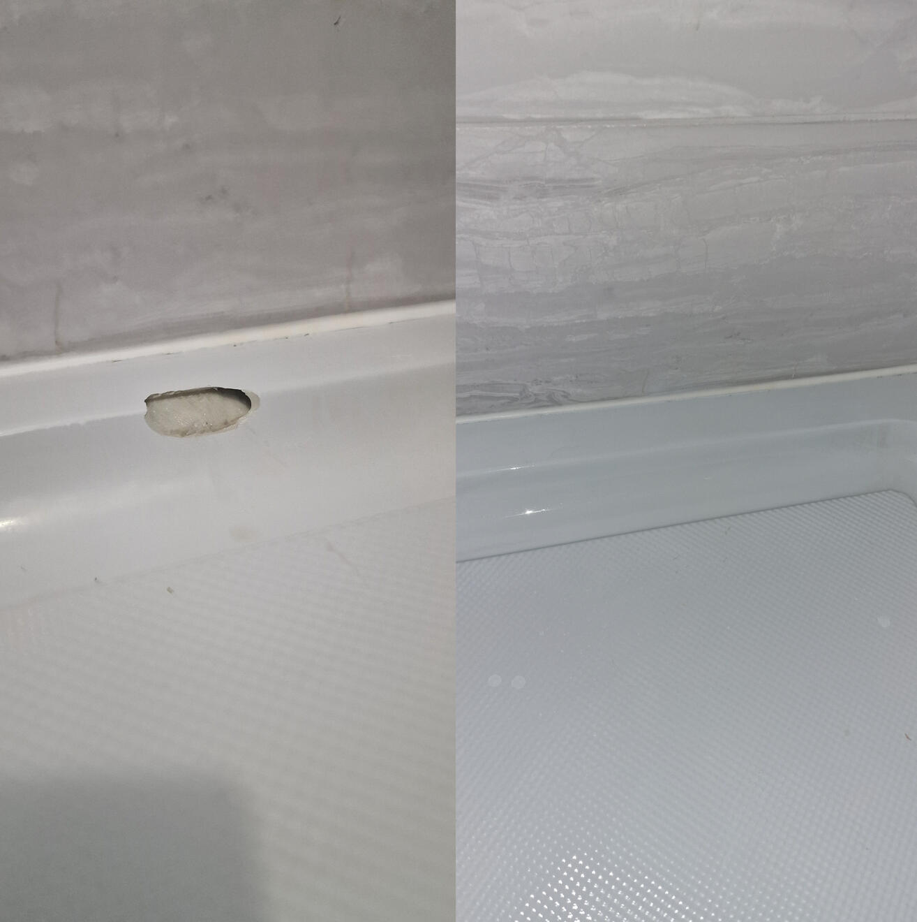 BEFORE AND AFTER PICTURES OF A STONE RESIN SHOWER TRAY CHIP REPAIR Before and after pictures of a shower Tray repair Dudley