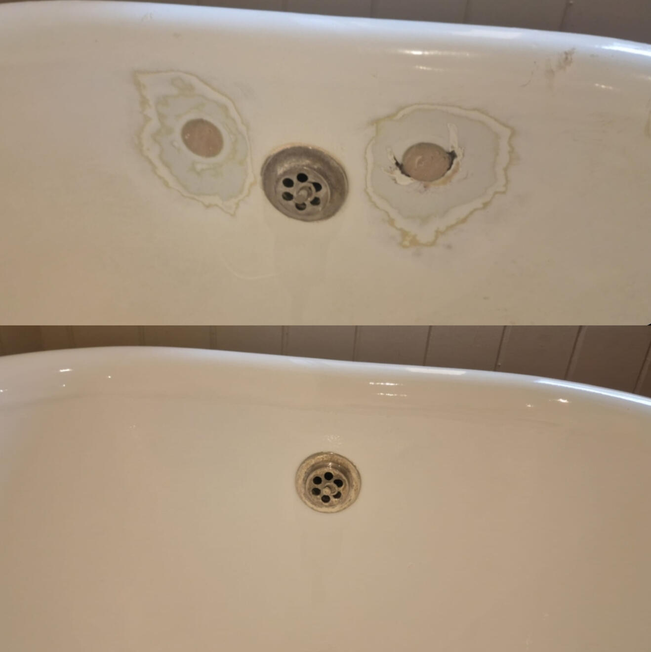 Before and after cast iron bath tap holes filled and repaired in Dudley