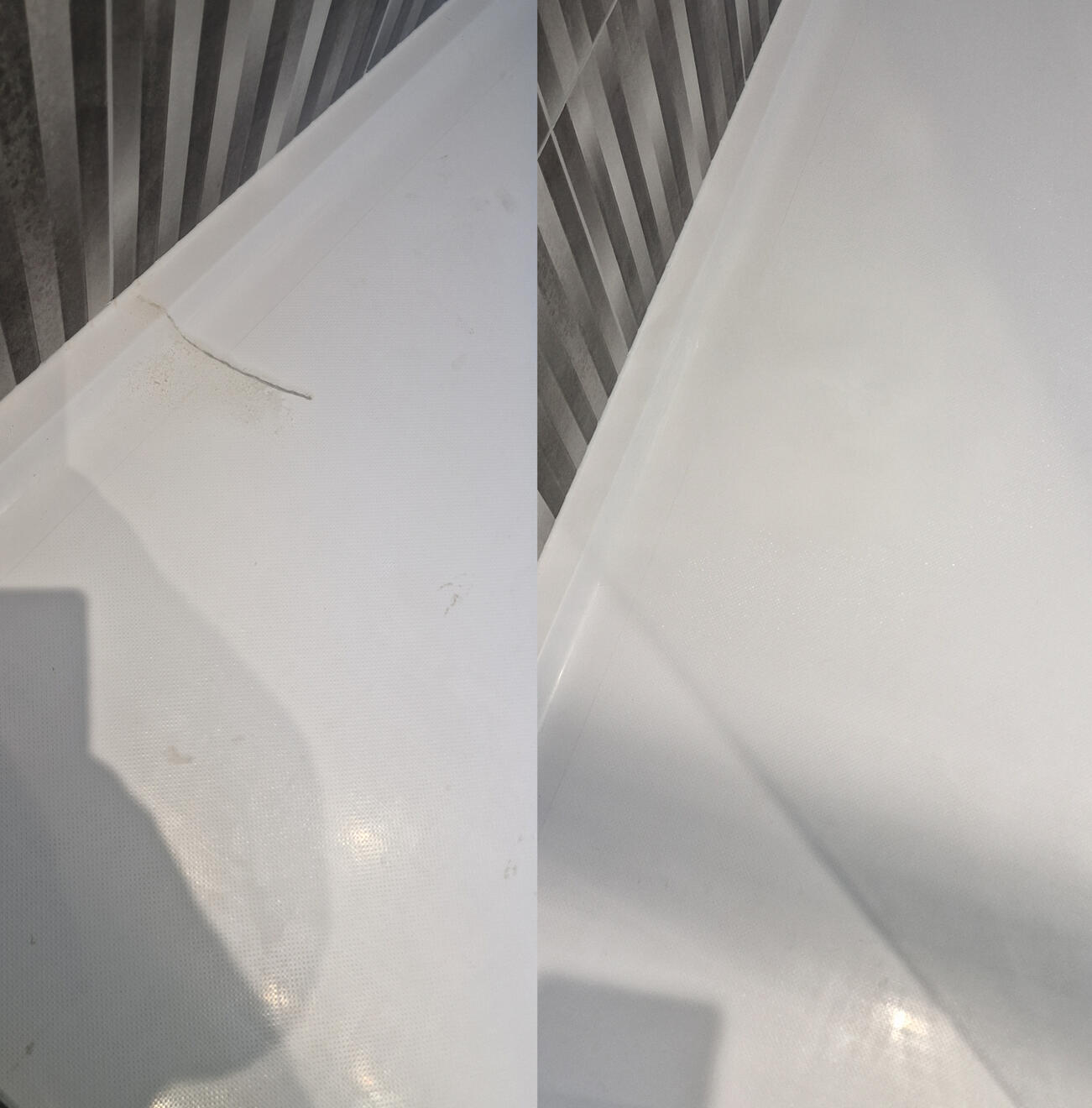 before and after pictures of a stone resin acrylic shower tray crack repair Reinforced shower tray crack repair in Dudley