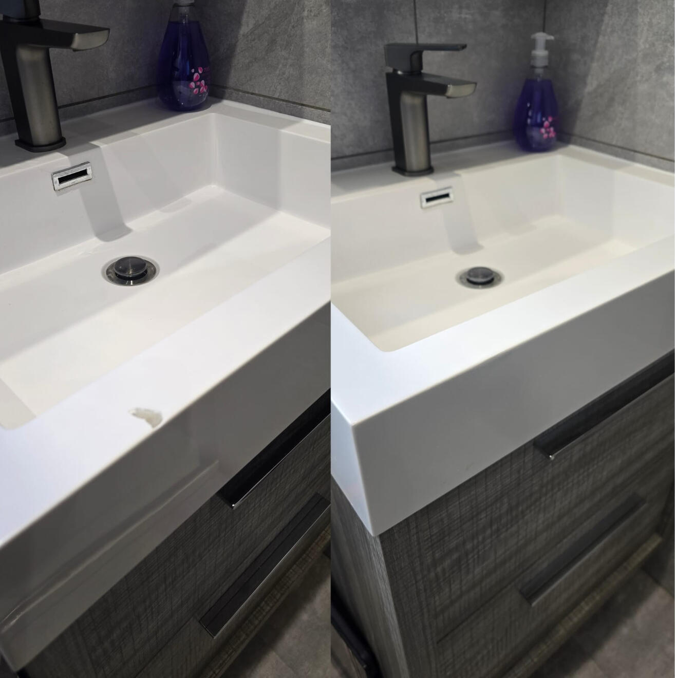 Before and after composite bathroom basin chip repair in Brierley Hill, Dudley