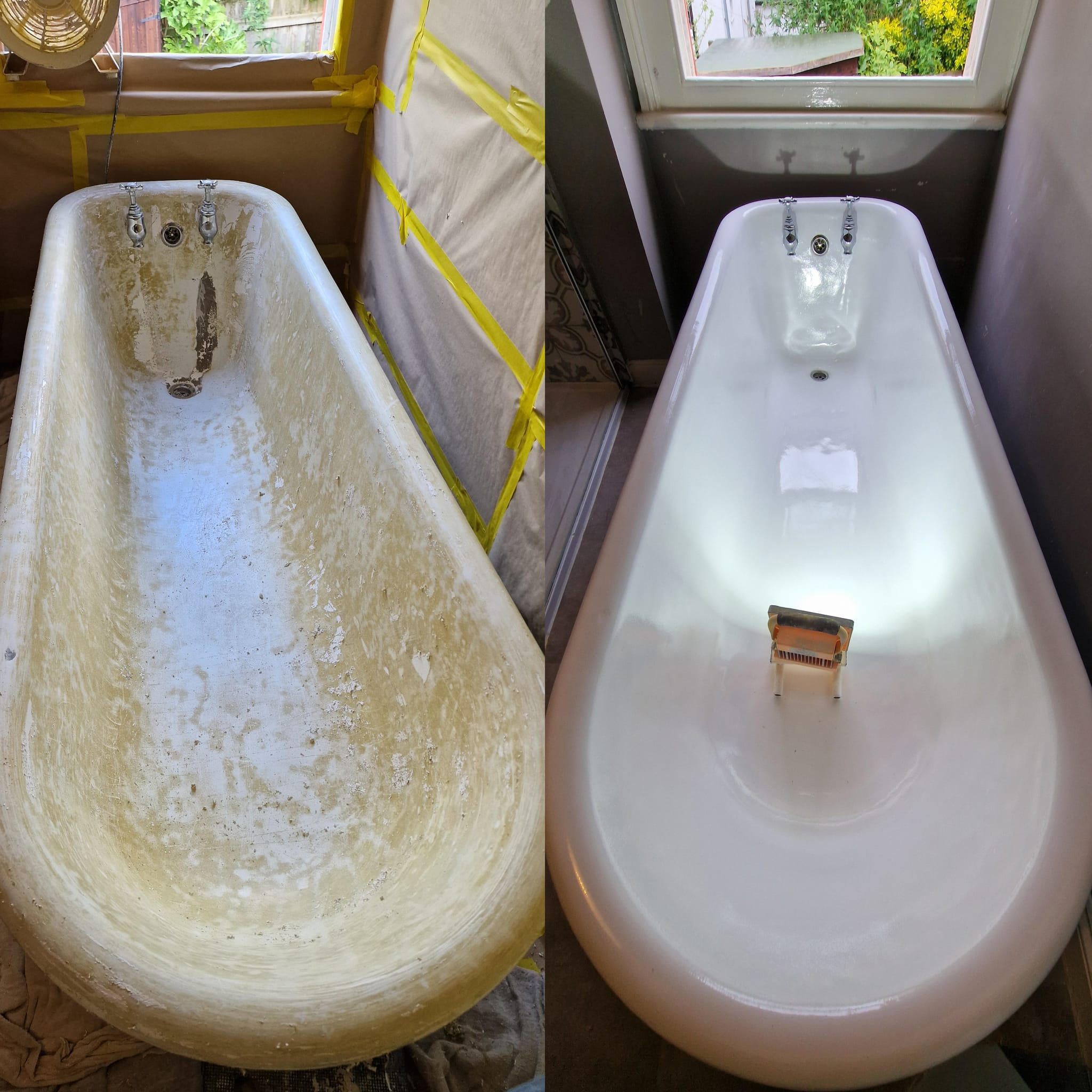 Before and after roll top cast iron bath re-enamelling in Dudley